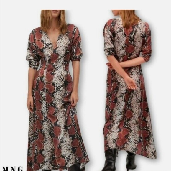 Mango Snake Print Long Sleeve V Neck Button Front Maxi Dress 4 size Small - Picture 4 of 14